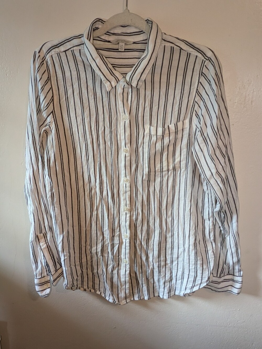 Lucky Brand Woman's White Button-Down Shirt with Black Stripes Size L